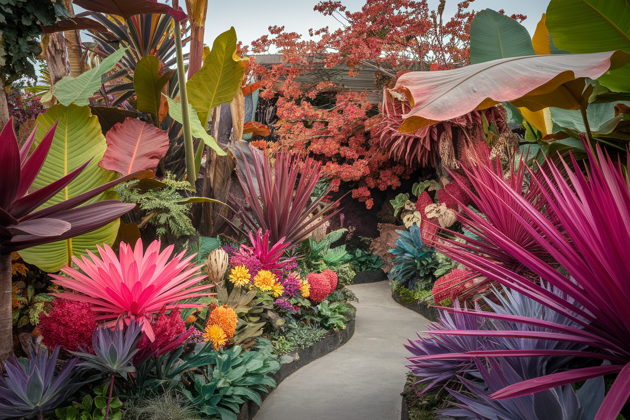 jardin-exotique-fleurs-colorees-feuillesgeantes
