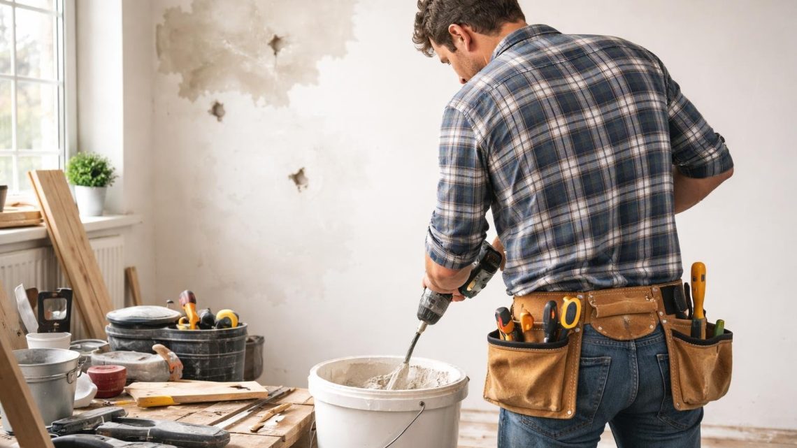 bricoleur-melange-platre-mur-outils