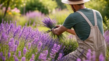 jardinier-taillant-lavandes-fleurs-violettes