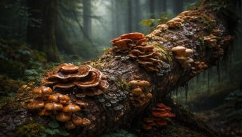 foret-dense-champignons-arbre-brume