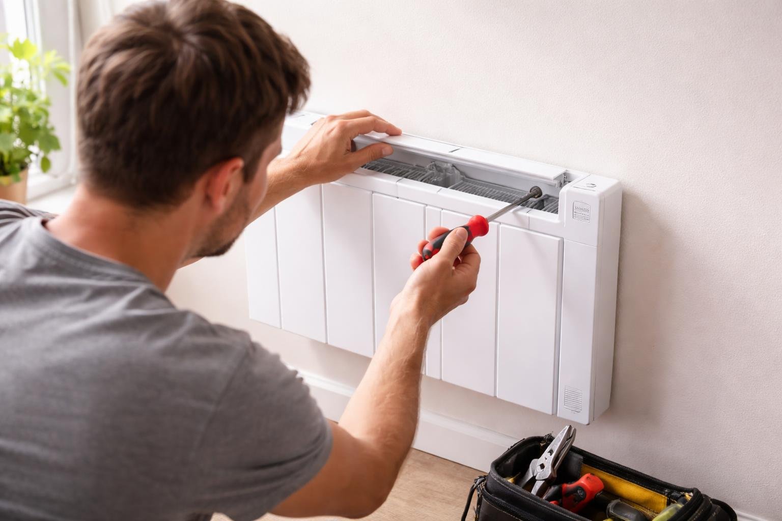 personne-travail-radiateur-mural-outils