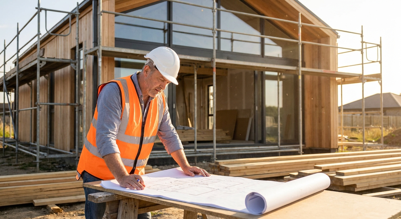 conducteur de travaux sur un chantier de construction de maison individuelle, suivi du chantier avec plans